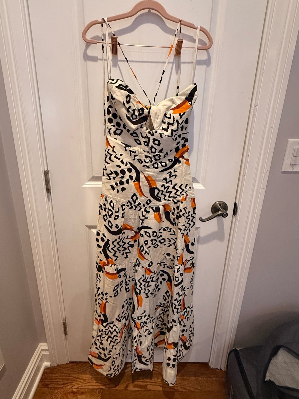 White Printed Maxi Dress with Orange and Black Abstract Motif
